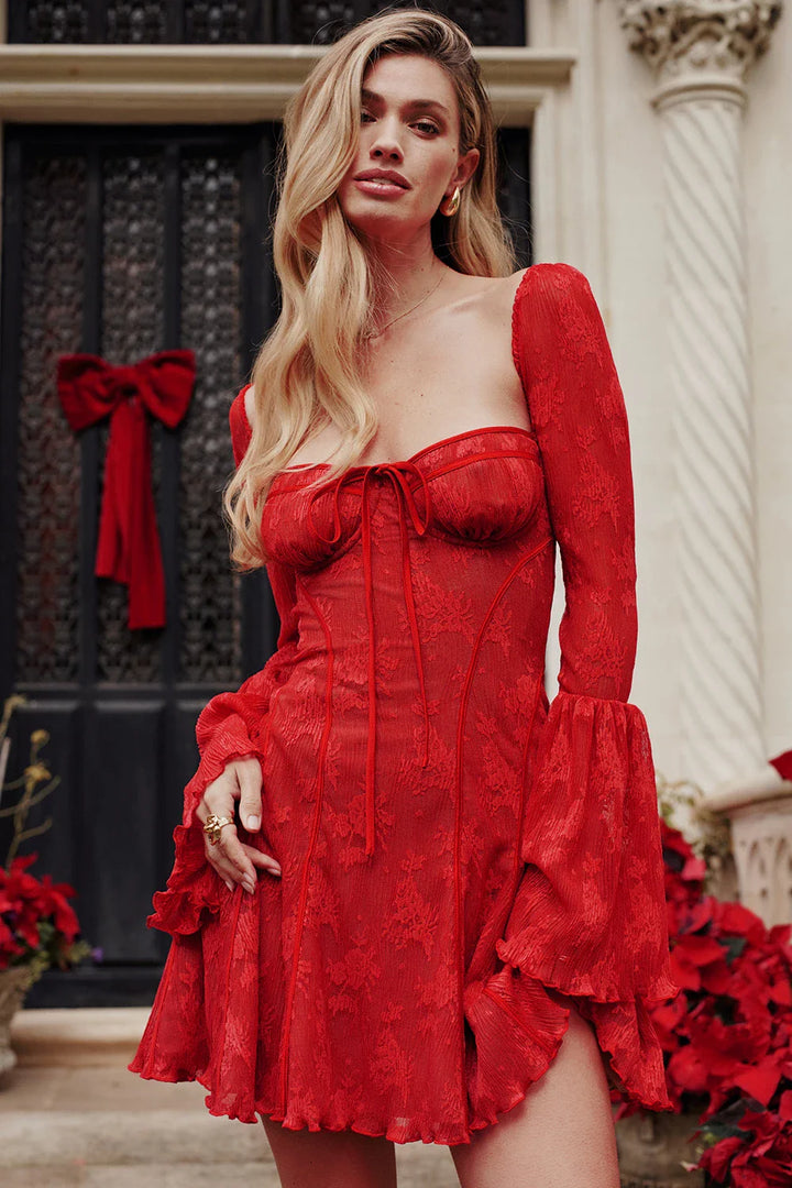 Mini dress with Long Sleeves and Lace – Yelina-Red-S-The Livary