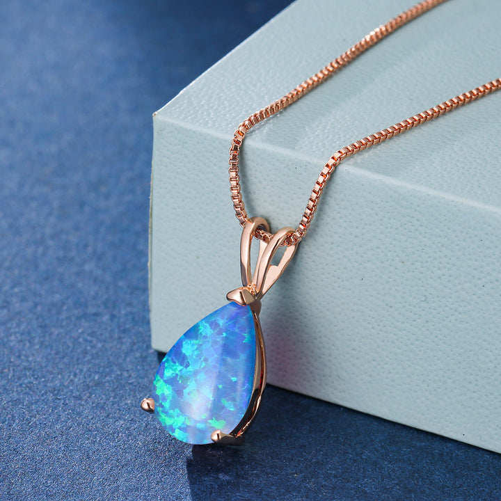 Minimalist Drop Opal Pendant Necklace - Selina-Blue Opal-Rose gold-Nora Luxe