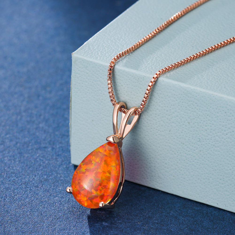 Minimalist Drop Opal Pendant Necklace - Selina-Orange Opal-Rose gold-Nora Luxe
