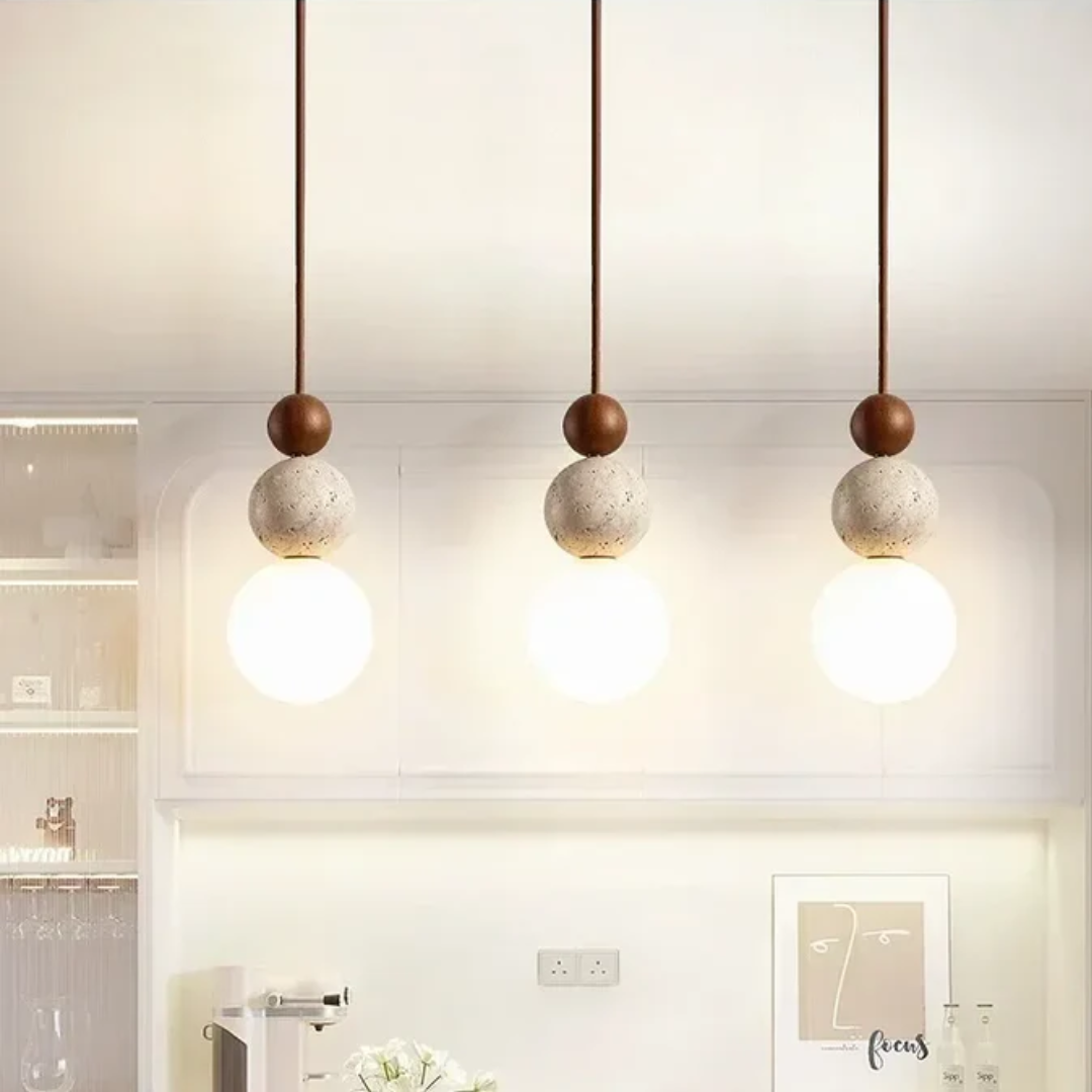 Modern Travertine and Mahogany Pendant Light - NaturaLuxe-Cream-White-Walnut-Nora Luxe