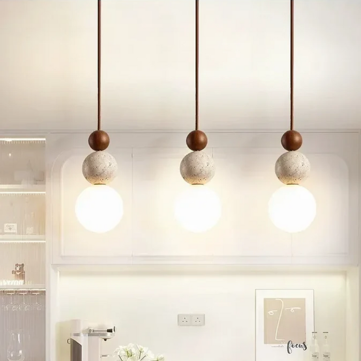 Modern Travertine and Mahogany Pendant Light - NaturaLuxe-Cream-White-Walnut-Nora Luxe