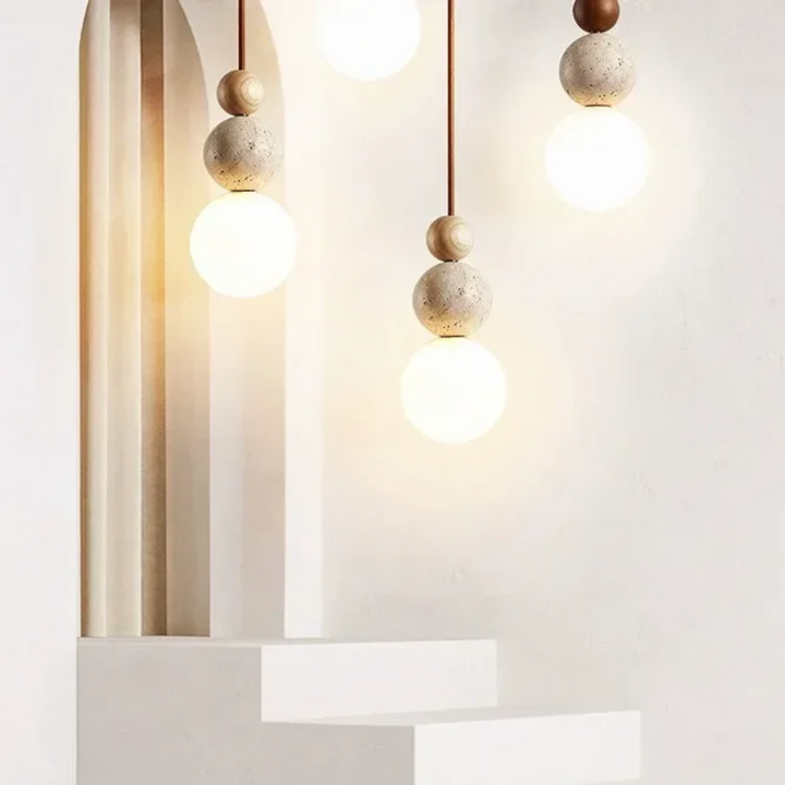 Modern Travertine and Mahogany Pendant Light - NaturaLuxe-Cream-White-Walnut-Nora Luxe