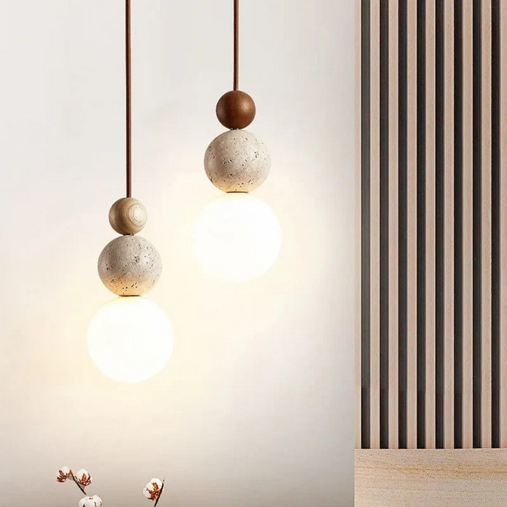 Modern Travertine and Mahogany Pendant Light - NaturaLuxe-Cream-White-Walnut-Nora Luxe