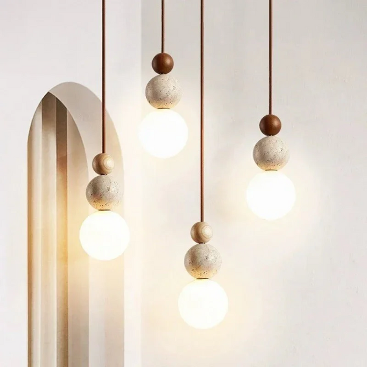 Modern Travertine and Mahogany Pendant Light - NaturaLuxe-Cream-White-Walnut-Nora Luxe