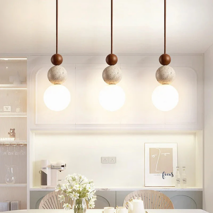 Modern Travertine and Mahogany Pendant Light - NaturaLuxe-Cream-White-Walnut-Nora Luxe