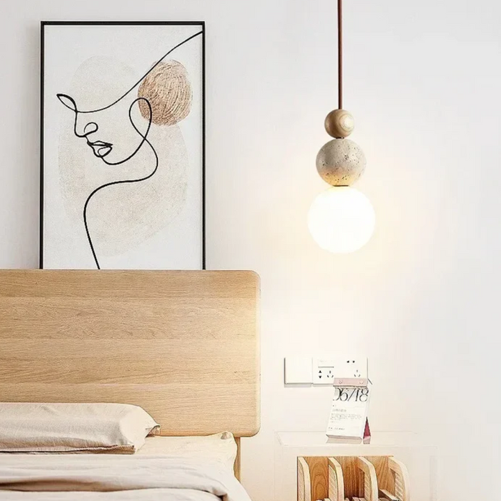 Modern Travertine and Mahogany Pendant Light - NaturaLuxe-Cream-White-Walnut-Nora Luxe