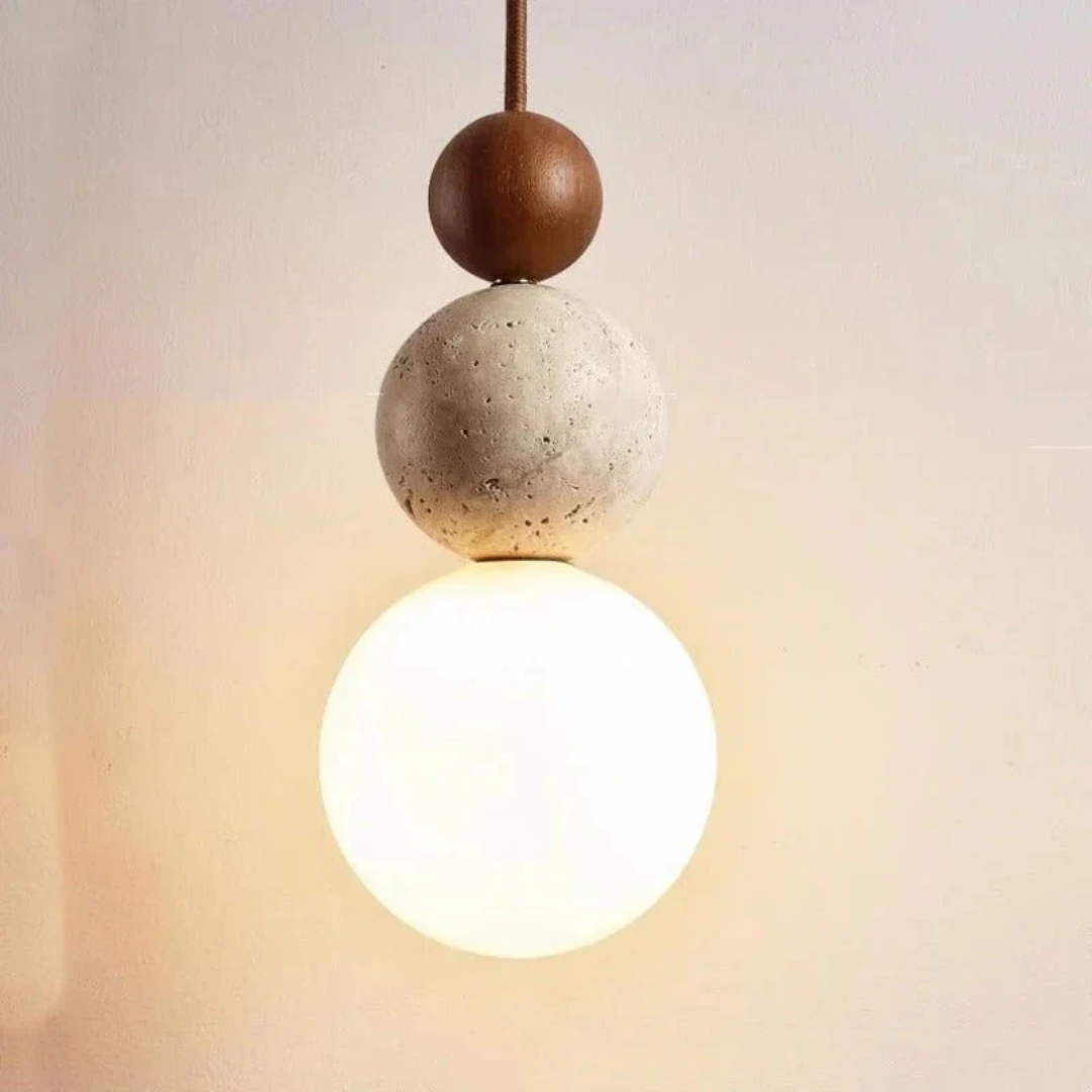 Modern Travertine and Mahogany Pendant Light - NaturaLuxe-Cream-White-Walnut-Nora Luxe