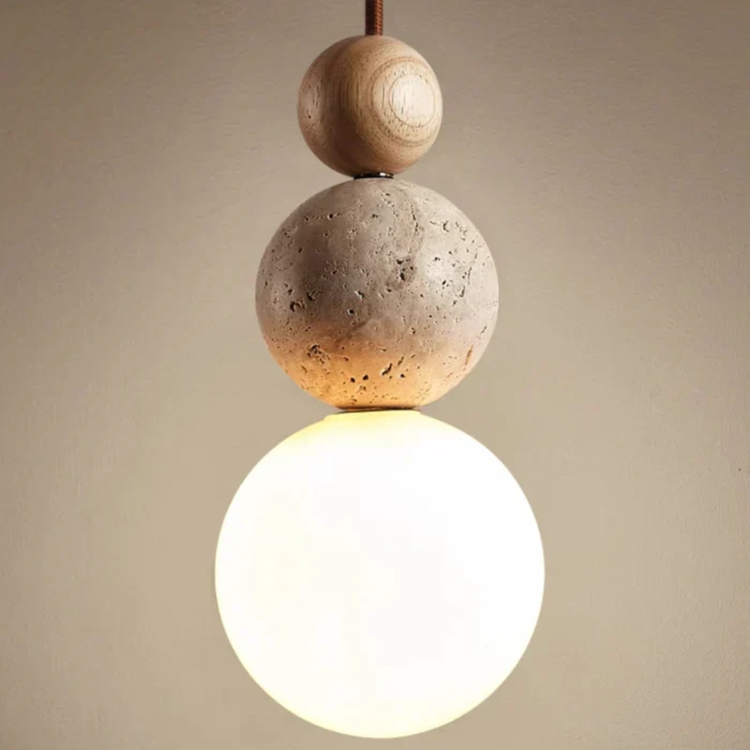 Modern Travertine and Mahogany Pendant Light - NaturaLuxe-Cream-White-Wood-Nora Luxe