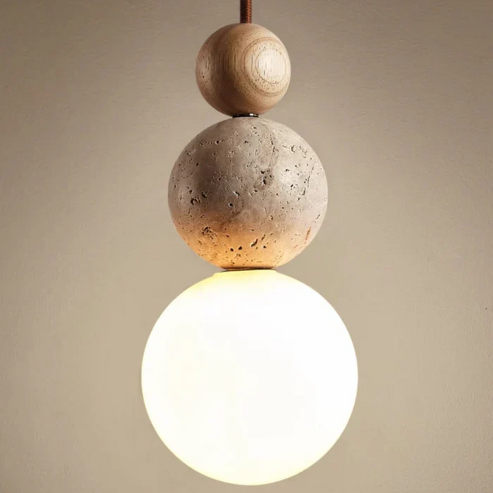 Modern Travertine and Mahogany Pendant Light - NaturaLuxe-Cream-White-Wood-Nora Luxe