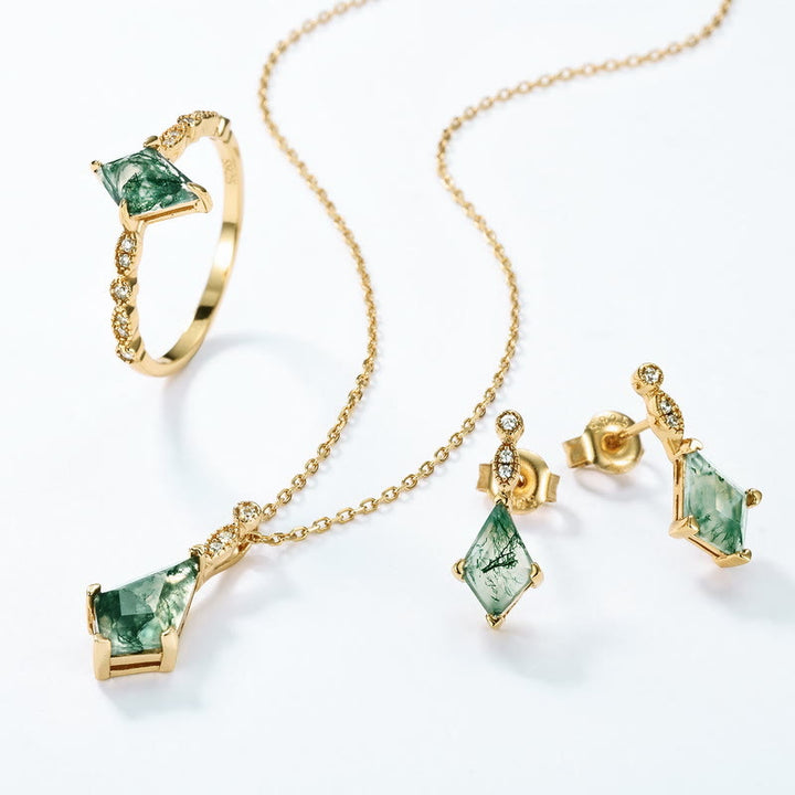 Moss Agate and White Zircon Jewellery Set - Lana-Necklace + Earrings + Ring Set-Nora Luxe