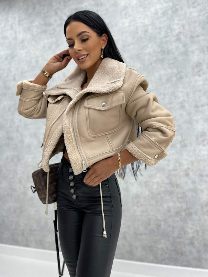 Motor jacket with Revers and Sherpa Lining - Zoë-Beige-S-Nora Luxe
