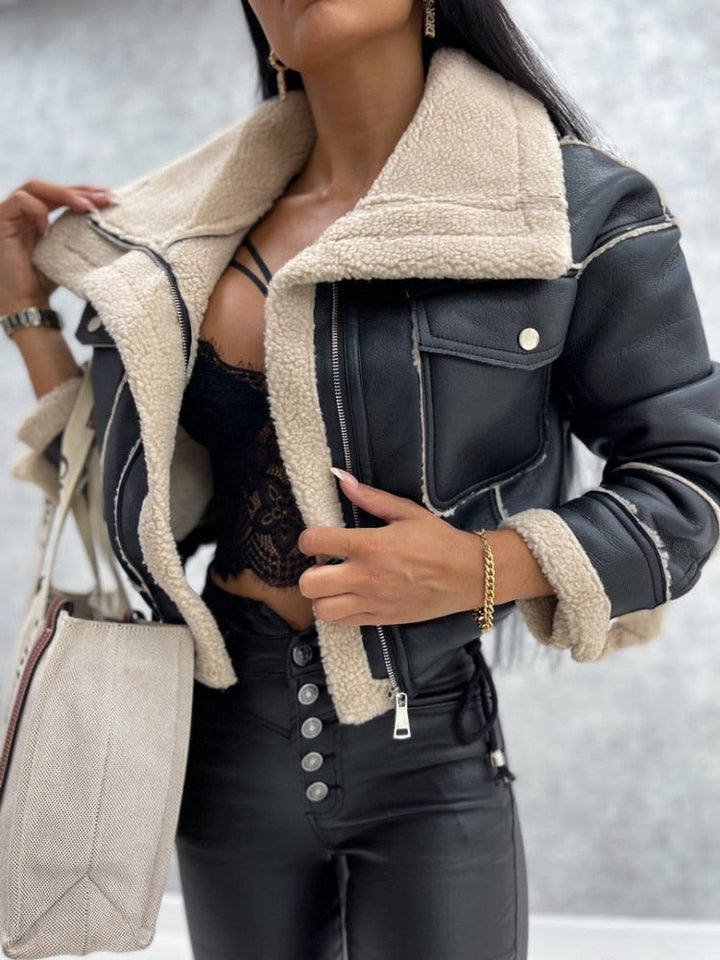 Motor jacket with Revers and Sherpa Lining - Zoë-Black-S-Nora Luxe