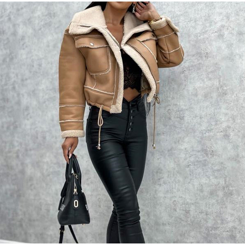 Motor jacket with Revers and Sherpa Lining - Zoë-Light Brown-S-Nora Luxe