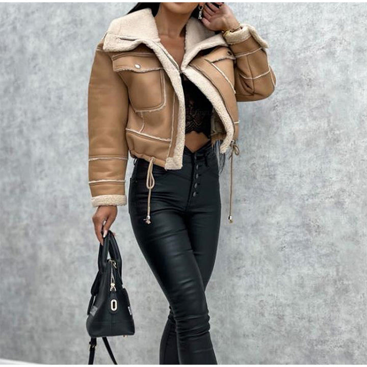 Motor jacket with Revers and Sherpa Lining - Zoë-Light Brown-S-Nora Luxe