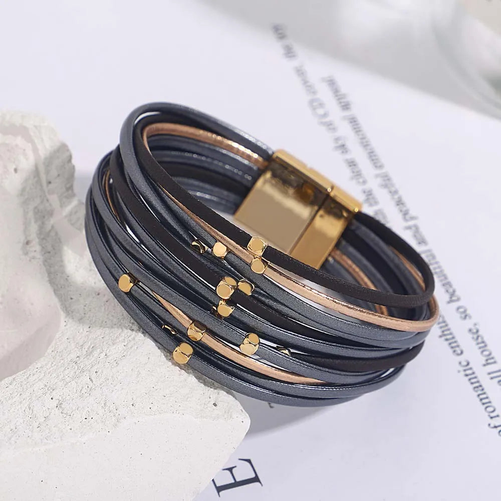 Multi-Layer Tri-Colour Wrap Bracelet | Stylish Women's Jewellery-GRAY GOLD-Nora Luxe