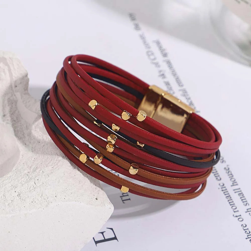 Multi-Layer Tri-Colour Wrap Bracelet | Stylish Women's Jewellery-RED BROWN-Nora Luxe