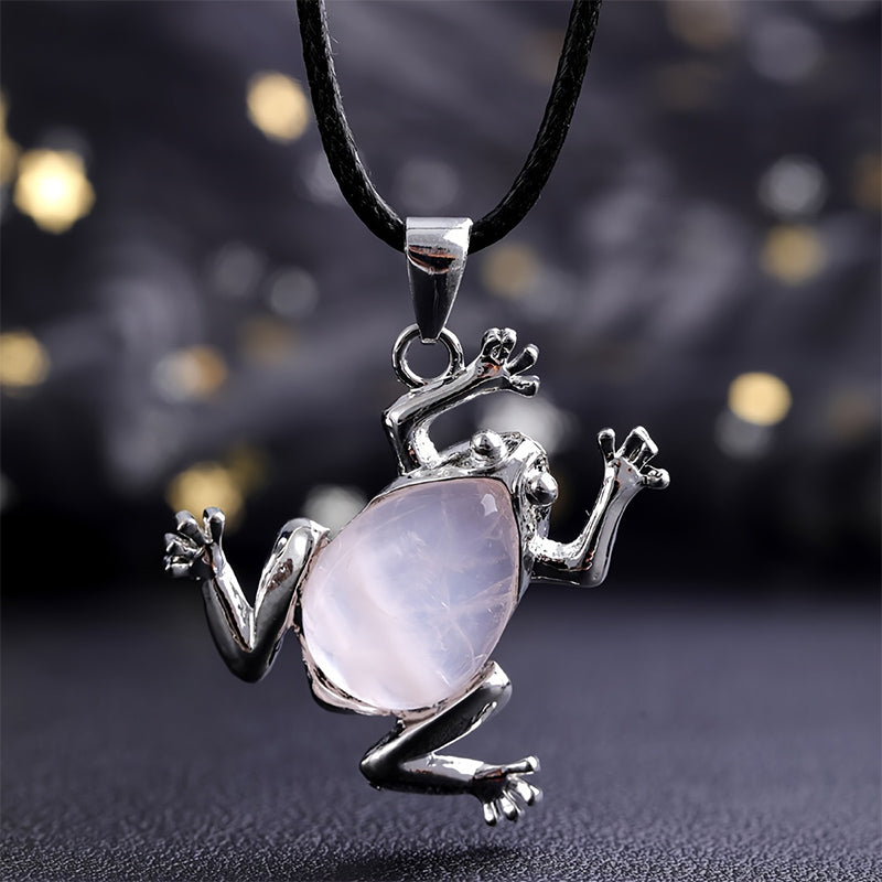 Natural Crystal Frog Meditation Necklace - Gaia-Rose quartz-Nora Luxe