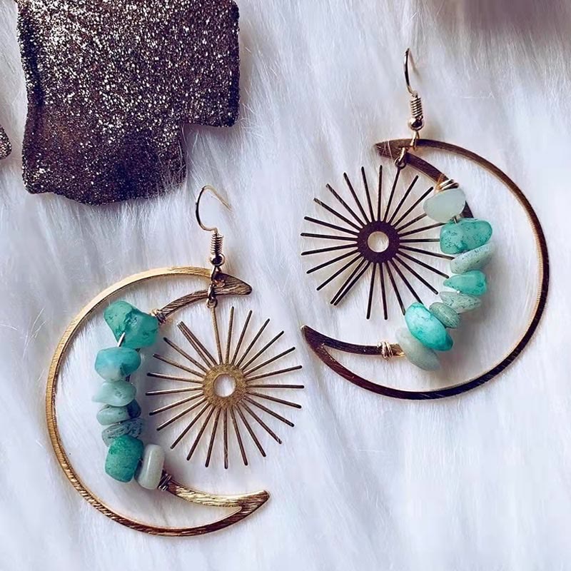 Natural Crystal Moon Stars Earrings - Elara-Amazonite-Nora Luxe