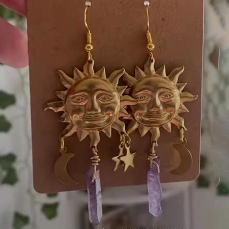 Natural Crystal Moon Stars Earrings - Elara-Amethyst-Nora Luxe