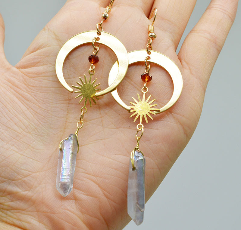 Natural Crystal Moon Stars Earrings - Elara-Clear Quartz and Golden Moon-Nora Luxe