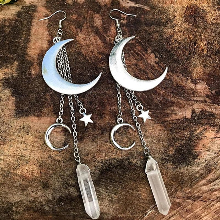 Natural Crystal Moon Stars Earrings - Elara-Clear Quartz and Silver Moon-Nora Luxe