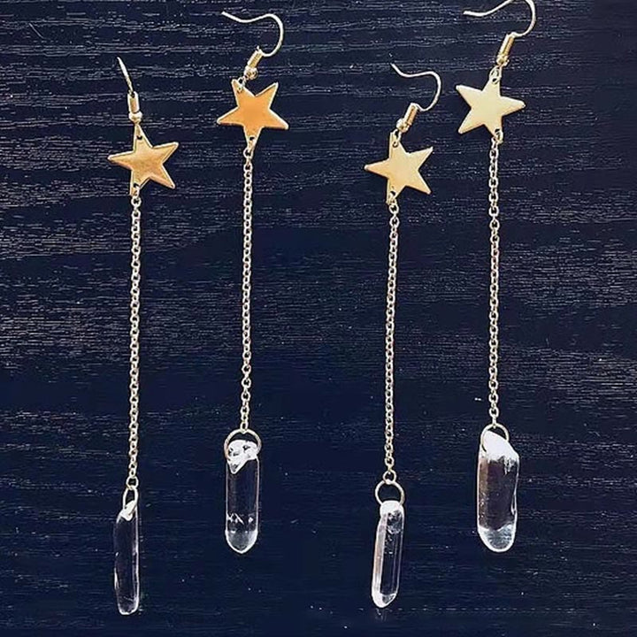 Natural Crystal Moon Stars Earrings - Elara-Clear Quartz and Star-Nora Luxe