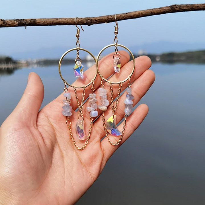 Natural Crystal Moon Stars Earrings - Elara-Purple Agate & Angel Aura Quartz-Nora Luxe