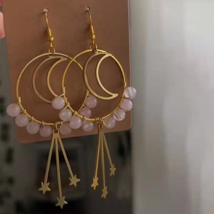 Natural Crystal Moon Stars Earrings - Elara-Rose quartz-Nora Luxe
