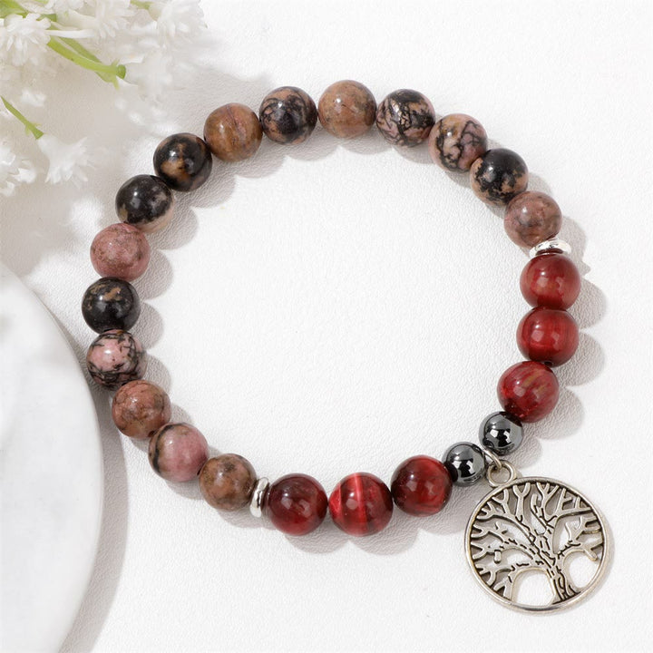 Natural Crystal Tree of Life Bracelet - Mila-Rhodonite and Rose Tiger's Eye-Nora Luxe