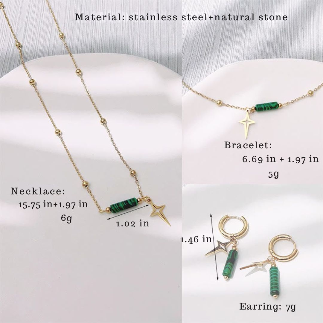 Natural Malachite Star Pendant Earrings, Necklace and Bracelet - Maria-Necklace-Nora Luxe
