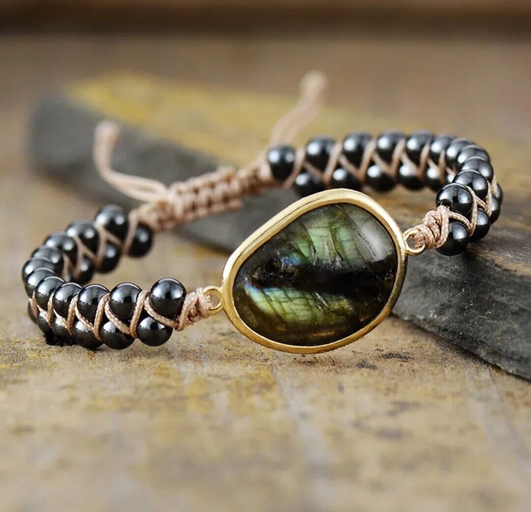 Natural Stone Braided Cuff Bracelet-HEMATITE-Nora Luxe
