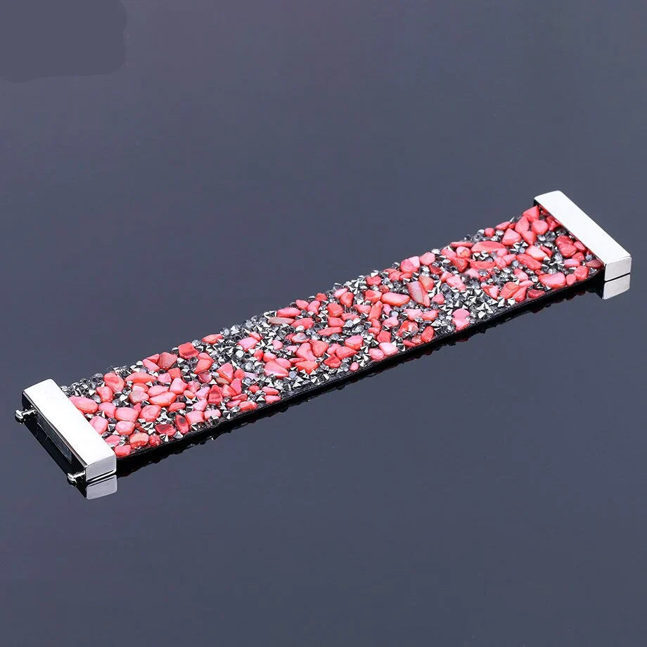 Natural Stone Crystal Leather Bracelet-RED BOWL-Nora Luxe