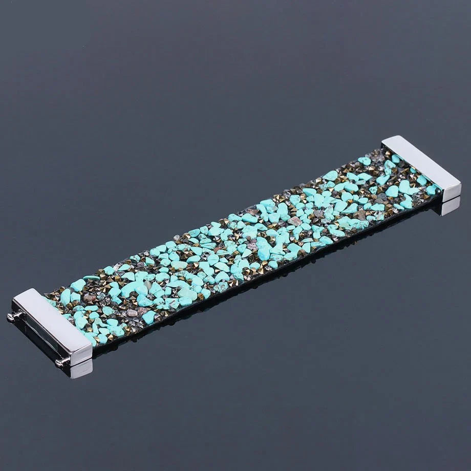 Natural Stone Crystal Leather Bracelet-TURQUOISE-Nora Luxe