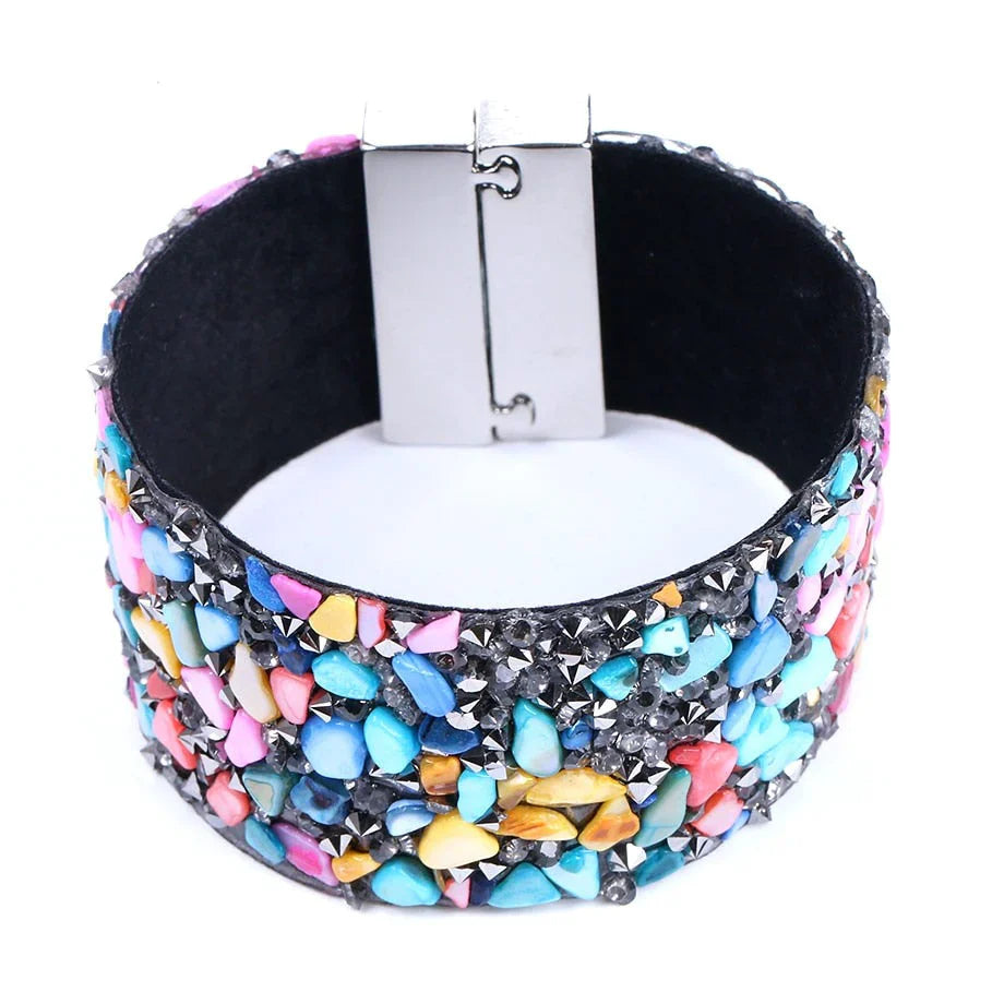 Natural Stone Crystal Leather Bracelet-WHITE BOWL-Nora Luxe