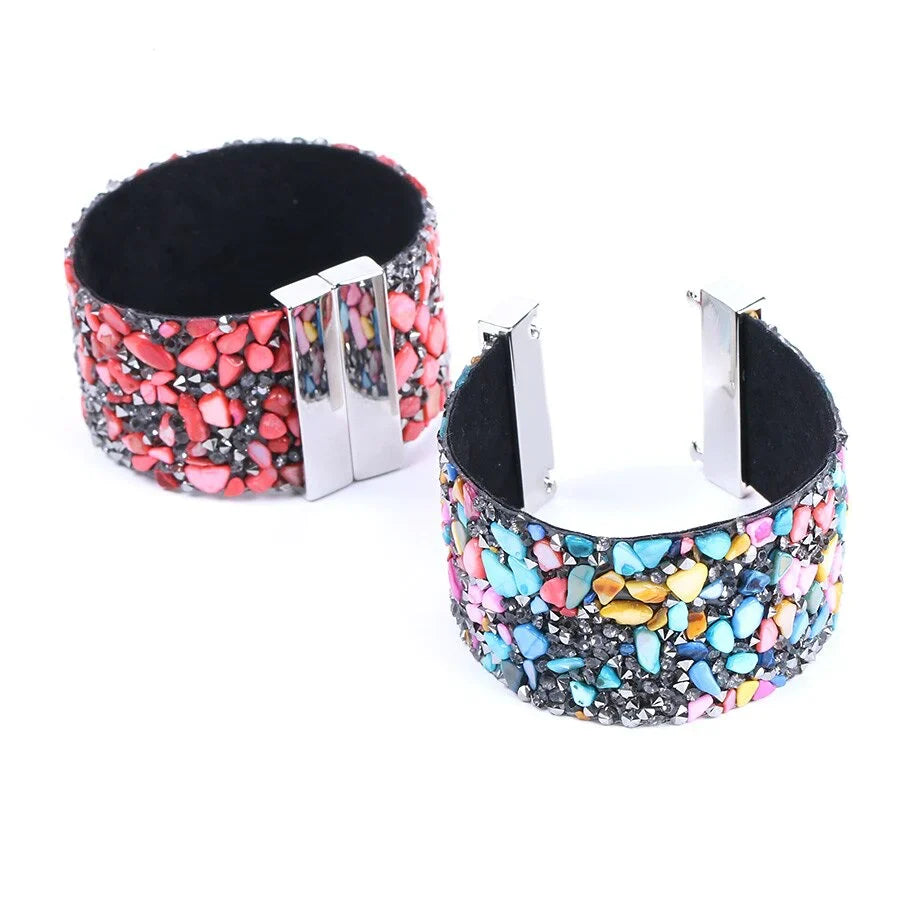 Natural Stone Crystal Leather Bracelet-WHITE BOWL-Nora Luxe