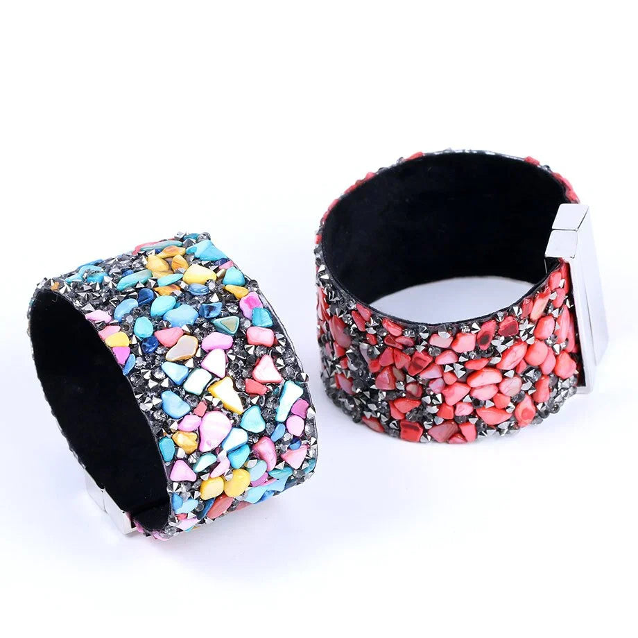Natural Stone Crystal Leather Bracelet-WHITE BOWL-Nora Luxe