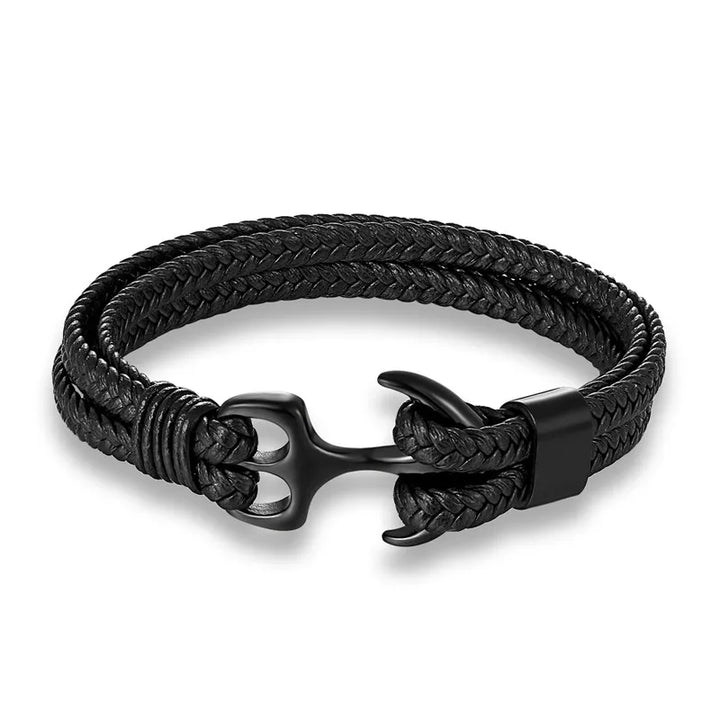 Nautical Anchor Leather Bracelet | Stylish Men's Jewellery-Black-BLACK-19CM-Nora Luxe
