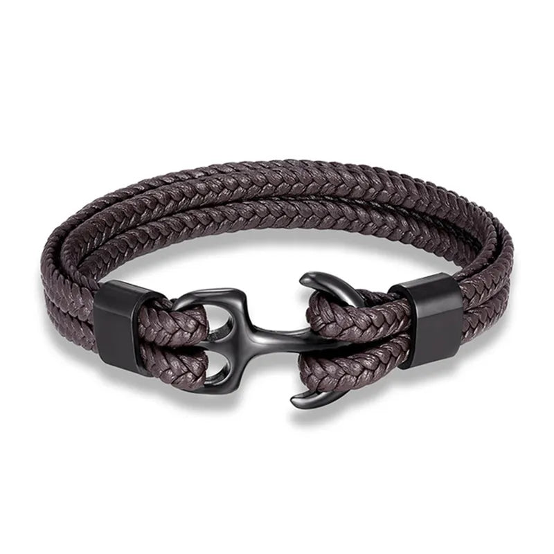 Nautical Anchor Leather Bracelet | Stylish Men's Jewellery-Coffee-BLACK-19CM-Nora Luxe