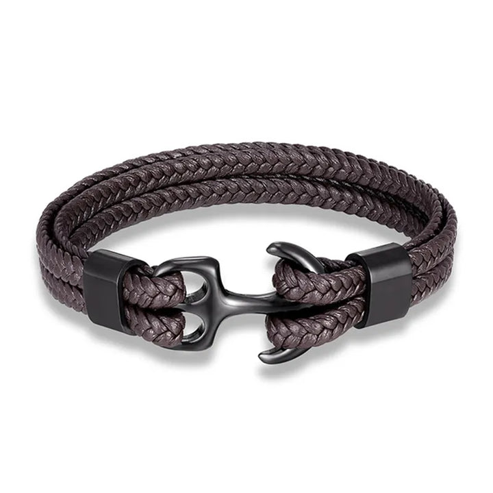 Nautical Anchor Leather Bracelet | Stylish Men's Jewellery-Coffee-BLACK-19CM-Nora Luxe