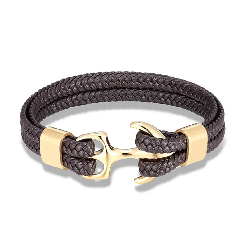 Nautical Anchor Leather Bracelet | Stylish Men's Jewellery-Coffee-GOLD-19CM-Nora Luxe