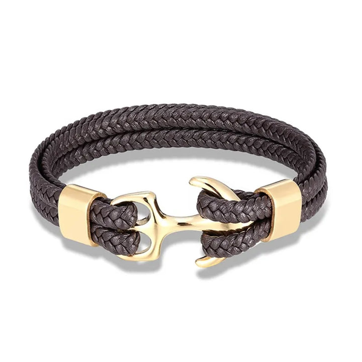 Nautical Anchor Leather Bracelet | Stylish Men's Jewellery-Coffee-GOLD-19CM-Nora Luxe
