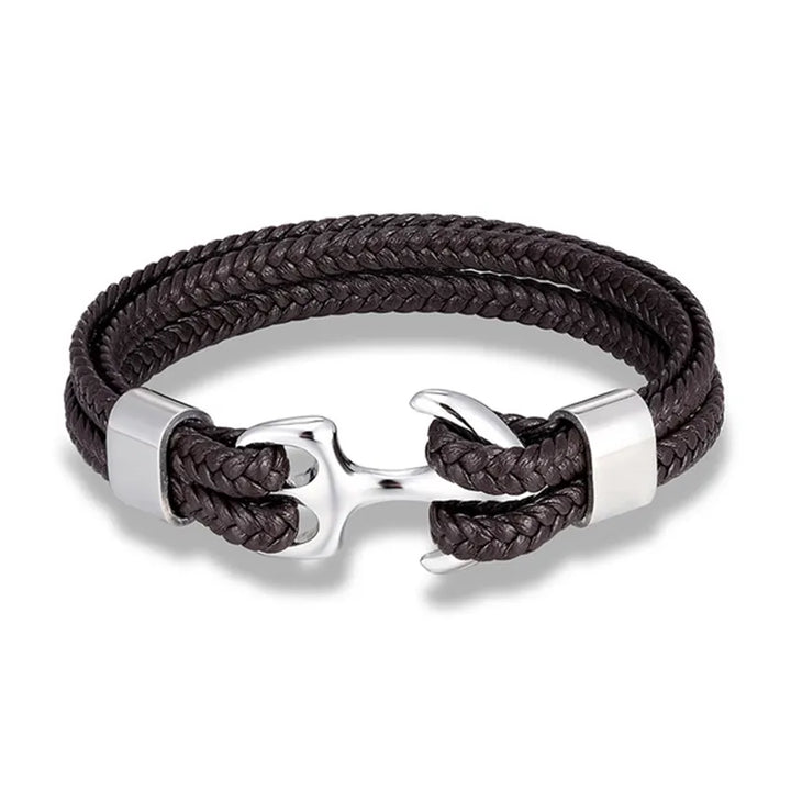 Nautical Anchor Leather Bracelet | Stylish Men's Jewellery-Coffee-SILVER-19CM-Nora Luxe