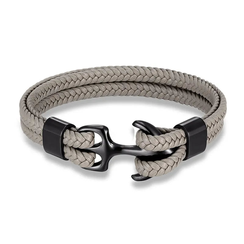 Nautical Anchor Leather Bracelet | Stylish Men's Jewellery-Gray-BLACK-19CM-Nora Luxe