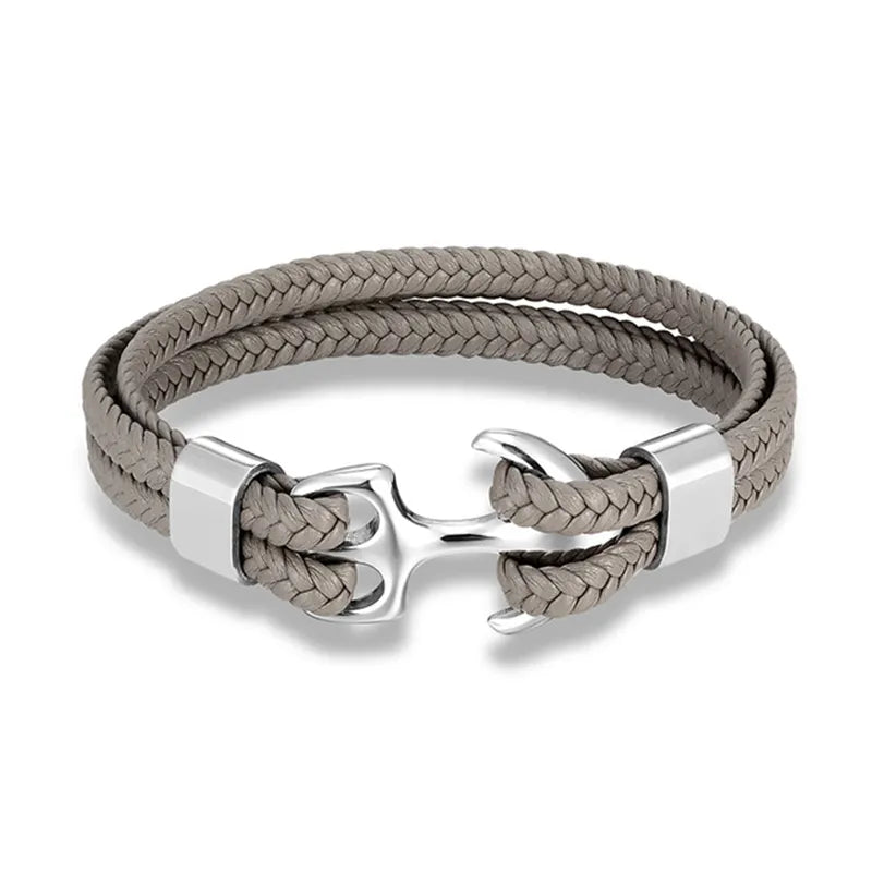 Nautical Anchor Leather Bracelet | Stylish Men's Jewellery-Gray-SILVER-19CM-Nora Luxe