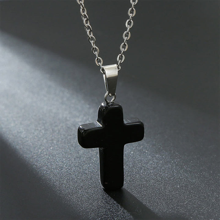 Necklace with Cross of Natural Gemstones - Seraphina-Black onyx-Nora Luxe