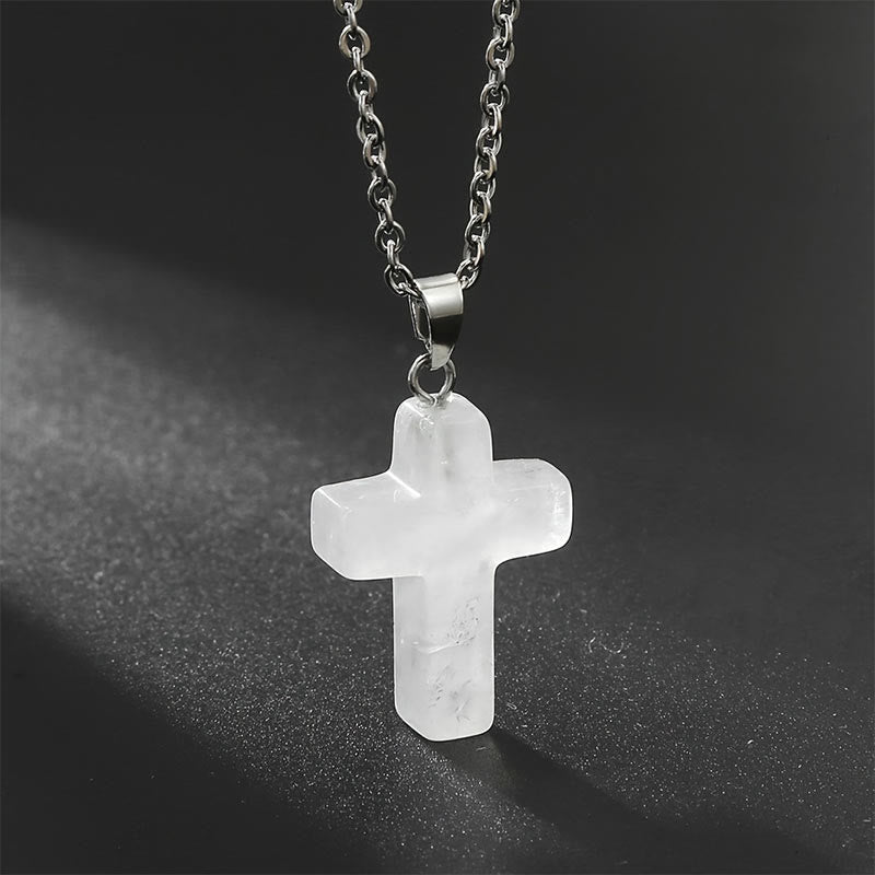 Necklace with Cross of Natural Gemstones - Seraphina-Clear crystal-Nora Luxe