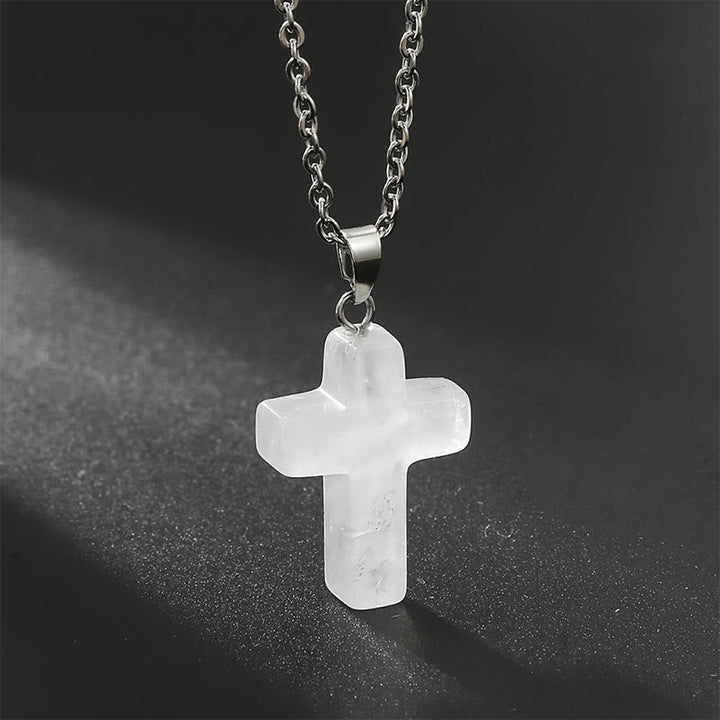 Necklace with Cross of Natural Gemstones - Seraphina-Clear crystal-Nora Luxe