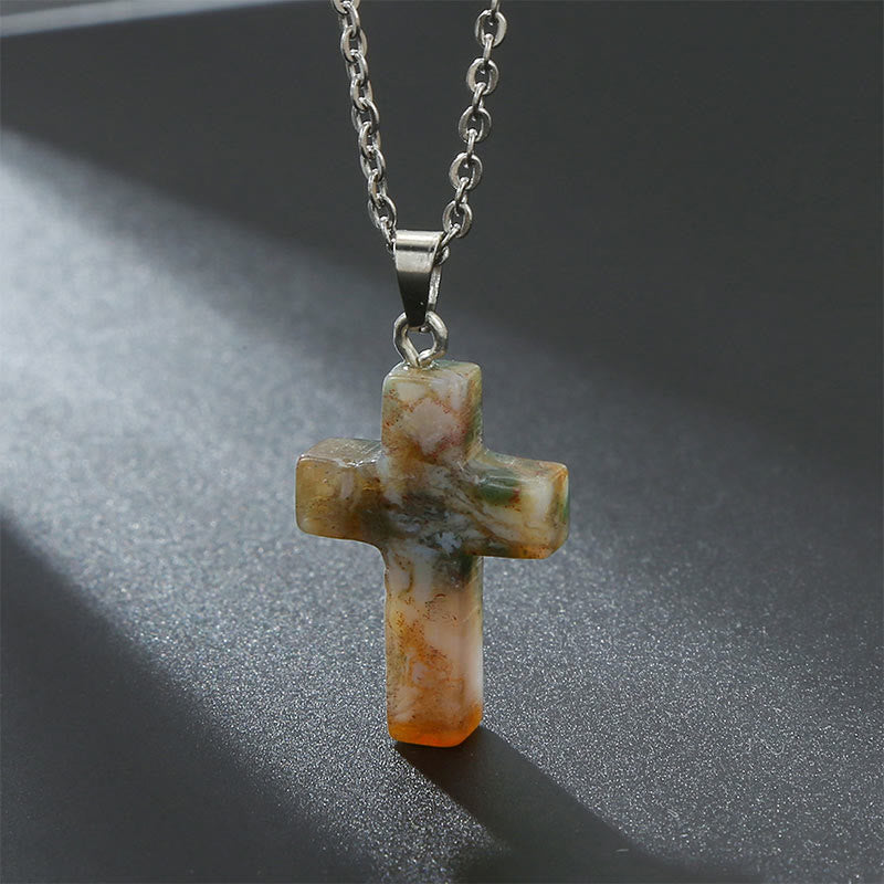 Necklace with Cross of Natural Gemstones - Seraphina-Indian agate-Nora Luxe