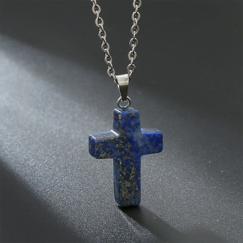 Necklace with Cross of Natural Gemstones - Seraphina-Lapis lazuli-Nora Luxe