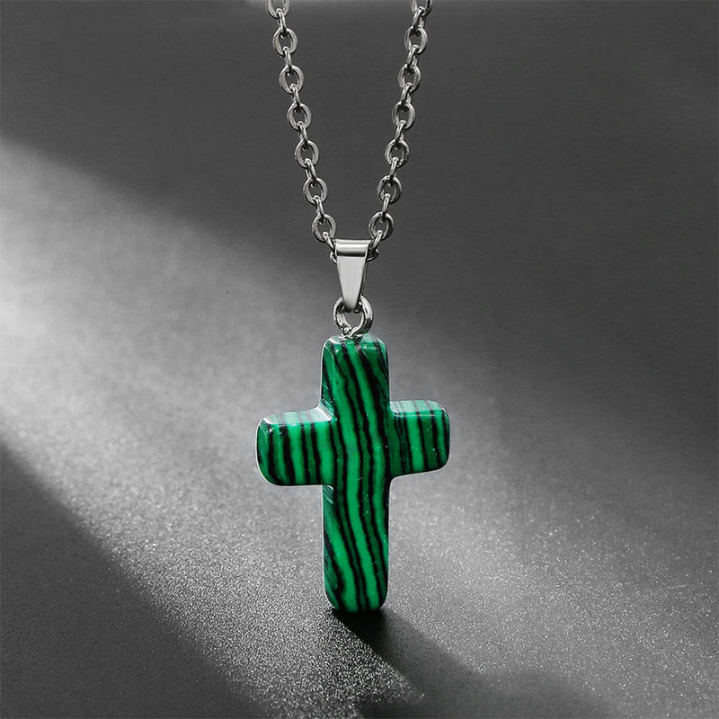 Necklace with Cross of Natural Gemstones - Seraphina-Malachite-Nora Luxe